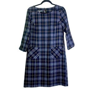 LAURA ASHLEY Dress 8 Shift Plaid Navy Checked Wool Front Pockets Keyhole Closure